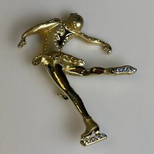 Figure Skater Gold Tone Rhinestone Pin Brooch AJC 1960s Vintage Mid Century